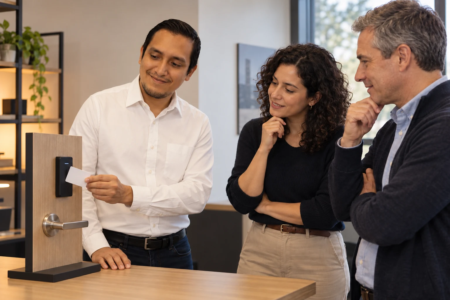 Illustrative scene of Pablo demonstrating access control to two participants.